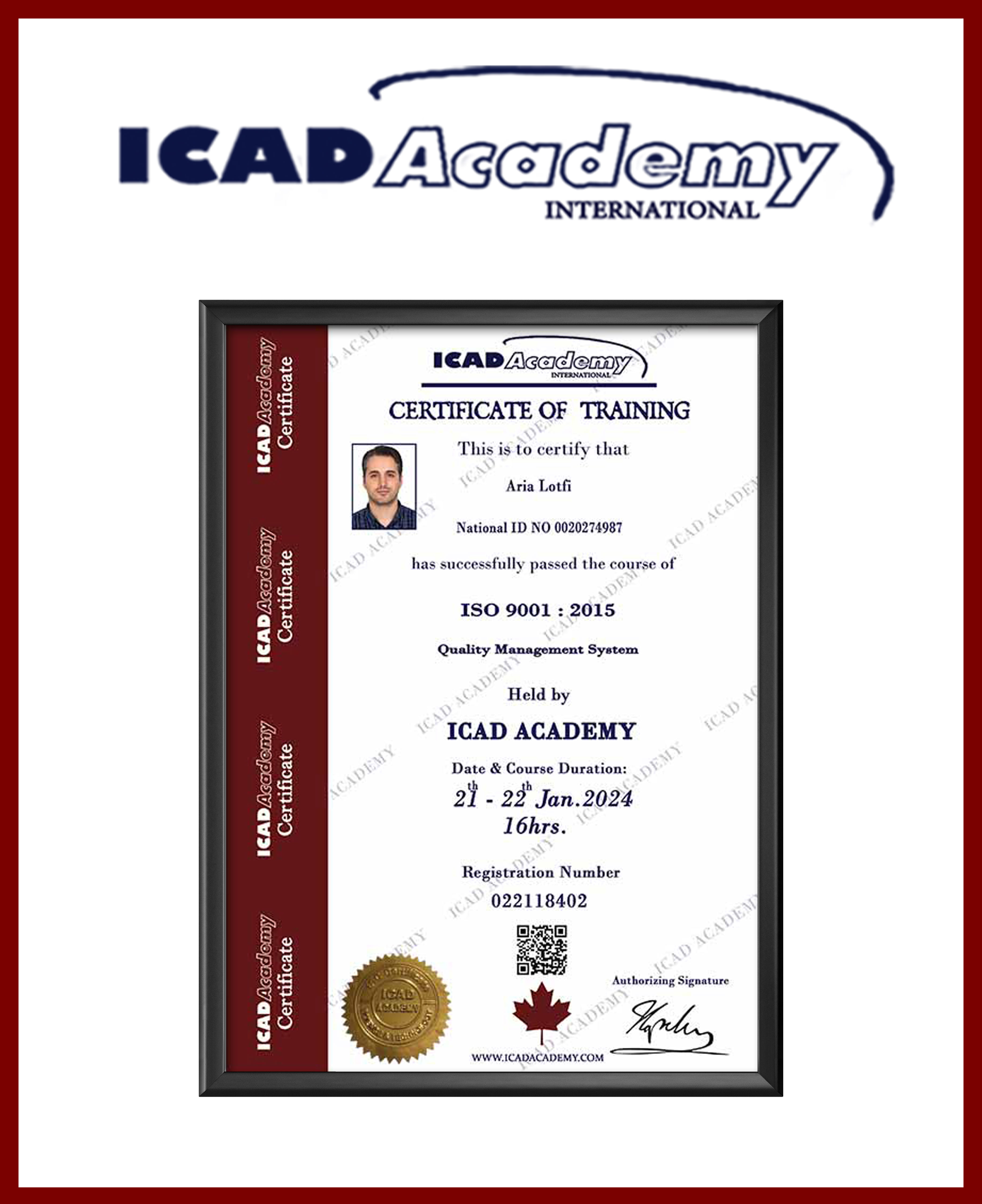 گواهینامه بین المللی ICAD ACADEMY با کد رجیستری و قابلیت استعلام